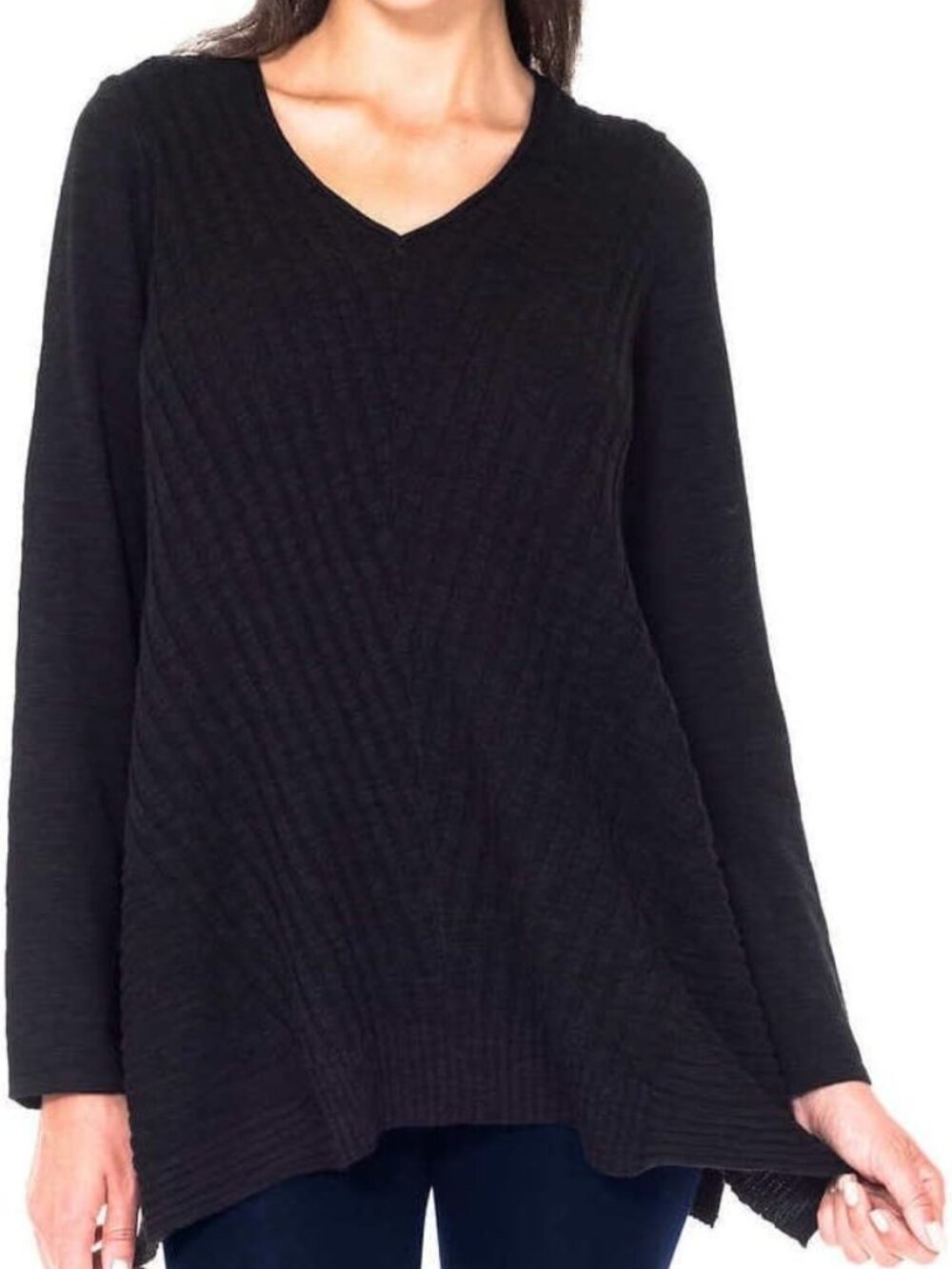 Beatrix Ost Womens Ribbed Knit Long Sleeve V-Neck Tunic Top (Black, SMALL) NWT